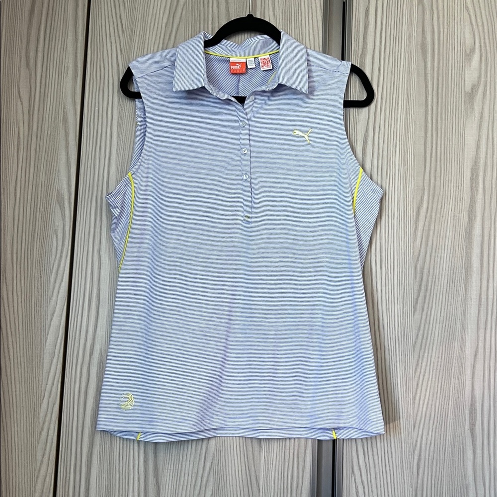 Puma Sleeveless Polo Top in Light Blue with Yellow Accents